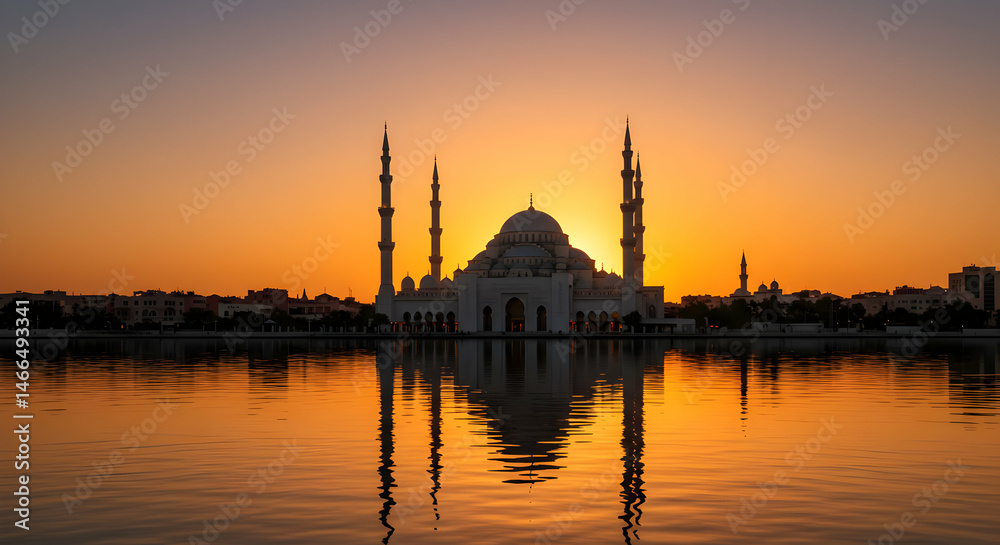 Naklejka premium Mosque silhouette at sunrise reflection