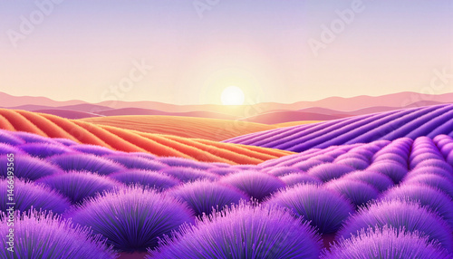 Rolling lavender fields at sunrise showcasing vibrant purple hues against a serene landscape