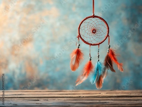 Colorful dream catcher hanging on wooden surface