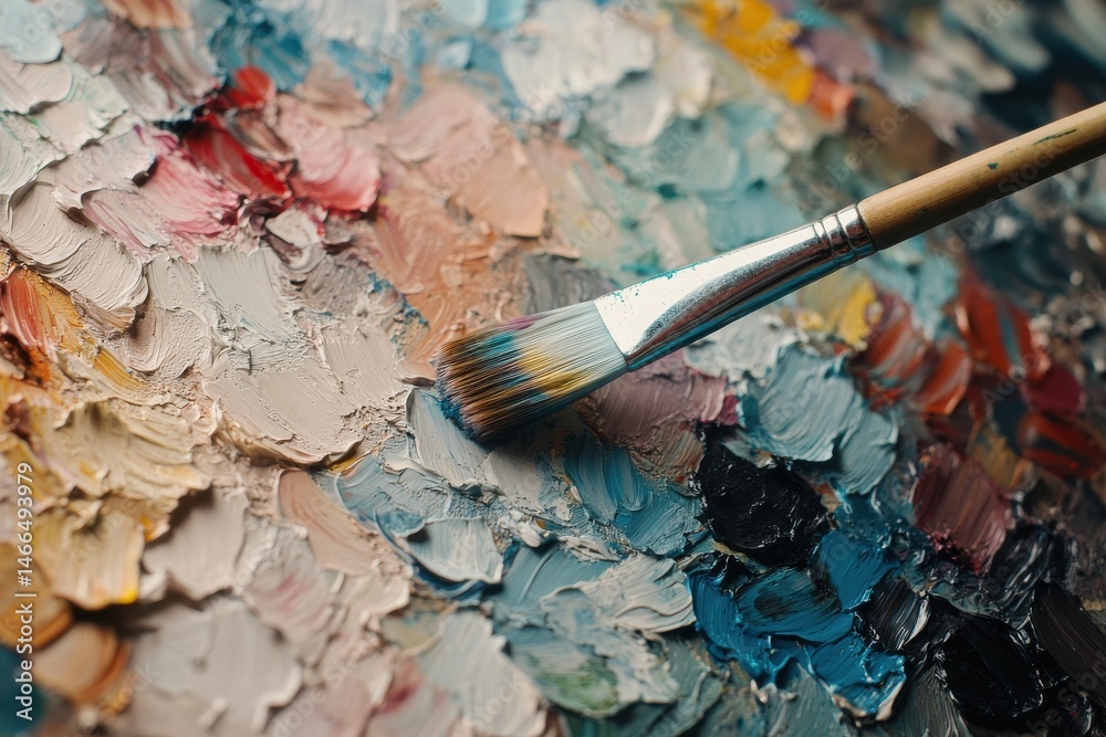 Fototapeta premium An artist's brush applying colorful paint to a textured canvas in a creative workspace
