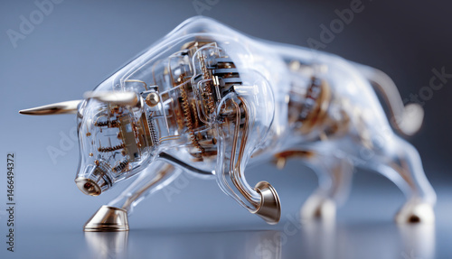 Bull run market, the bull in crystal statue with Bitcoin BTC symbol, uptrend digital currency concept, crypto financial market, decentralized