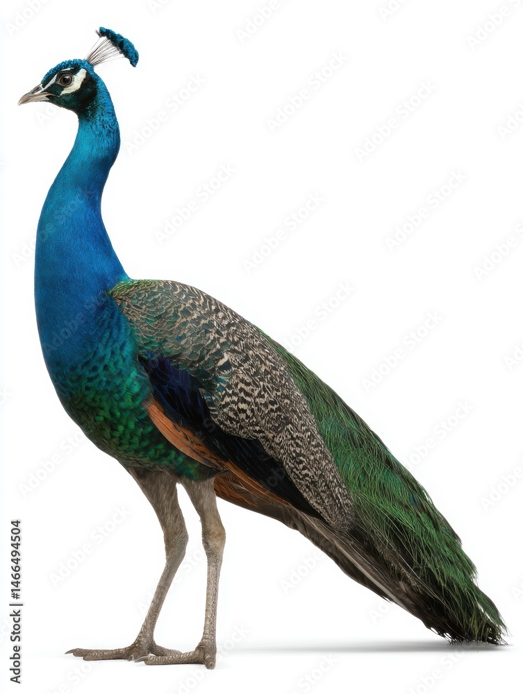 Obraz premium Stunning peacock isolated on white background — perfect for luxury branding, educational materials, wildlife articles, or elegant decorative designs.
