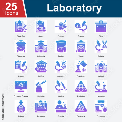 Laboratory is a collection of icons representing scientific research, lab safety, chemical experimentation, medical analysis, and innovative testing environments used in educational, clinical.