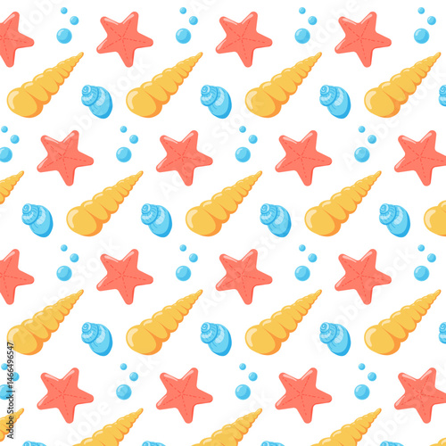 Summer time seamless pattern. Hello Summer Vector illustrations, summer vacation, beach elements, seashells, starfish.