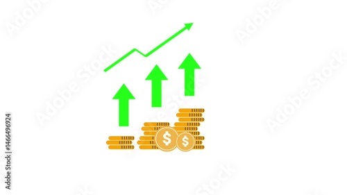 animation of coins icon with green arrow. financial and economy concept. Isolated on white color background.