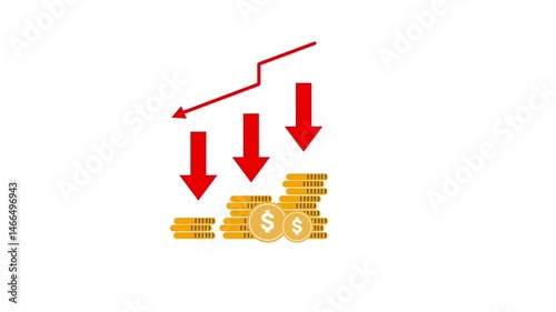 animation of coins icon with red arrow. financial and economy concept. Isolated on white color background.