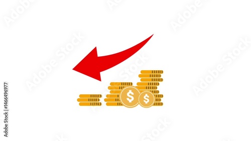 animation of decrease coins icon with red arrow. financial and economy concept. Isolated on white color background.