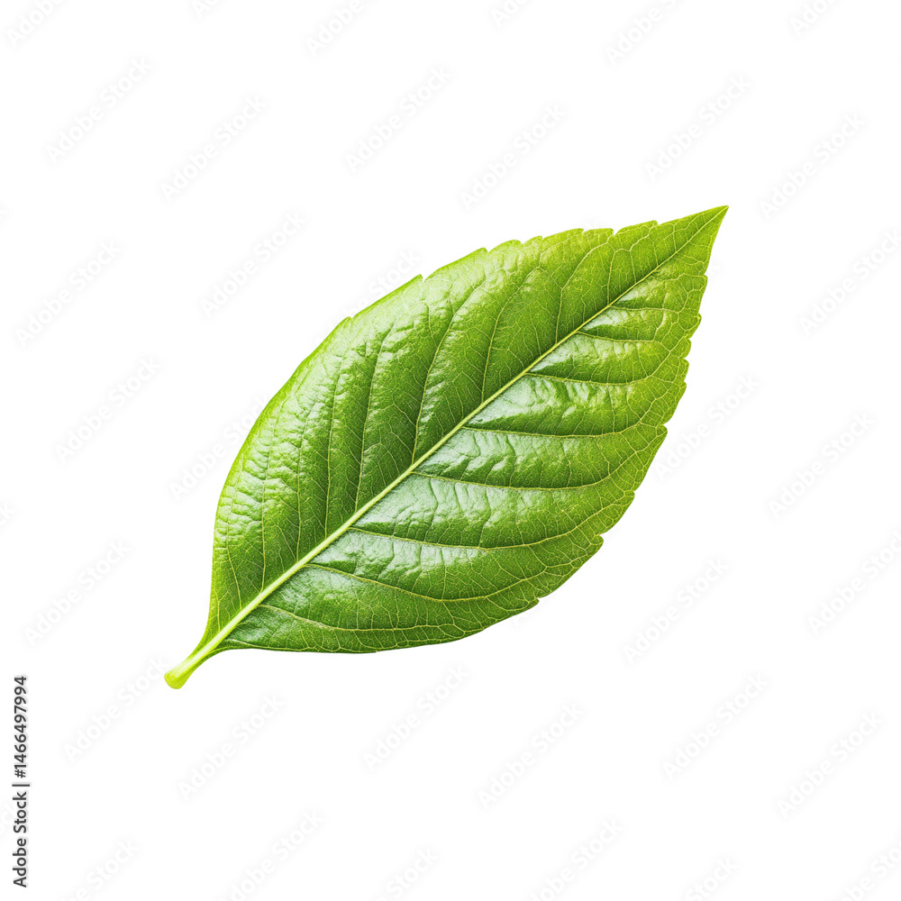 Obraz premium green leaf with smooth texture and prominent veins, showcasing beauty of nature and intricacies of plant life. This leaf symbolizes growth and vitality