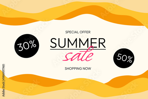 Abstract summer special offer sale banner in bright yellow colors with discount text. Season promotion vector illustration.