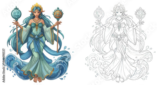 Mystical Waters: An enchanting depiction of a water deity gracefully rendered with watercolor artistry and bold outline work, set against the vibrant waters.