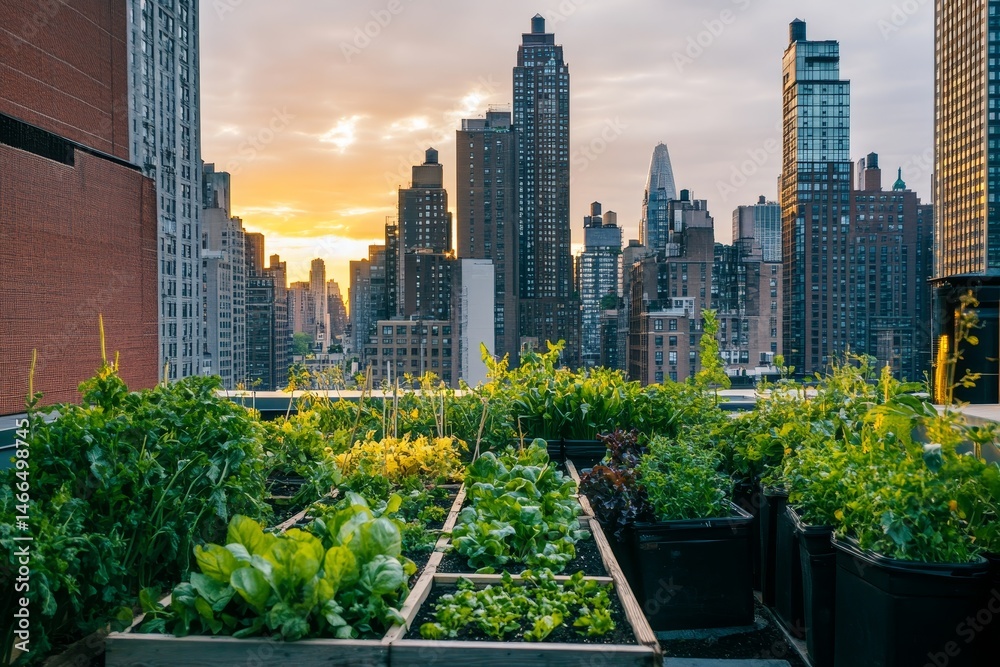 Fototapeta premium Urban rooftop garden overlooking city skyline at sunset.