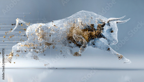Bull run market, the bull in hologram or steampunk theme with Bitcoin BTC symbol, uptrend digital currency concept, crypto financial market, decentralized