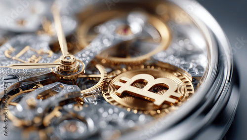 Bull run o’clock, showing the bull time with Bitcoin BTC symbol in the watch, uptrend digital currency concept, crypto financial market, decentralized