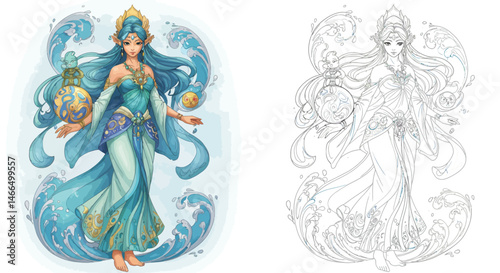 Celestial Water Goddess: An ethereal water goddess with flowing aqua hair, adorned in turquoise attire, elegantly holds a mystical orb, embodies serenity and power.