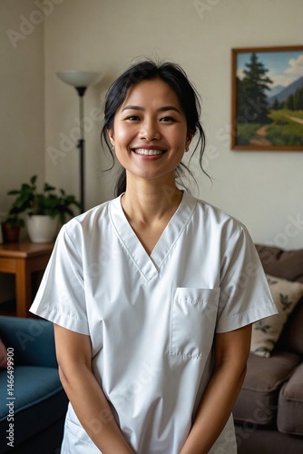 Cheerful Asian Woman Home Health Aide Providing Care in a Residential Setting, Posing in Comfortable Attire Focused on Wellness and Support Free Download Cheerful Asian Woman Home Health Aide Providing Care in a Residential Setting, Posing in Comfortable Attire Focused on Wellness and Support - GFXLoad