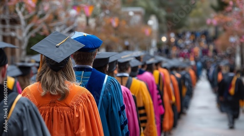 PhD Students in Graduation Robes and Colorful Caps at Outdoor Ceremony Lined Up for a Portrait with Professor at American College