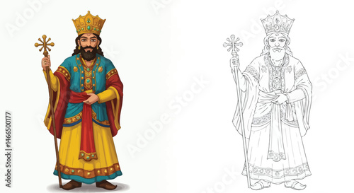 Majestic King Illustration: A regal illustration of a king in ornate robes and crown, holding a scepter, presented with a color version and a line art version for versatile use. 