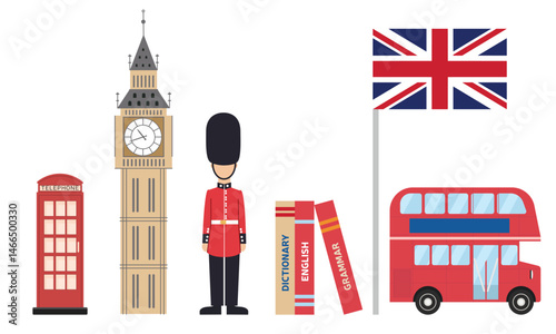 Collection English Culture Elements. Telephone Box, Big Ben, Royal Guard, English Book, Great Britain Flag, Double Decker in Flat Style. Hand Drawn Vector Art. 