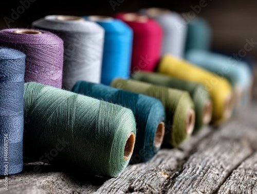 Colorful spools of thread on rustic wooden surface