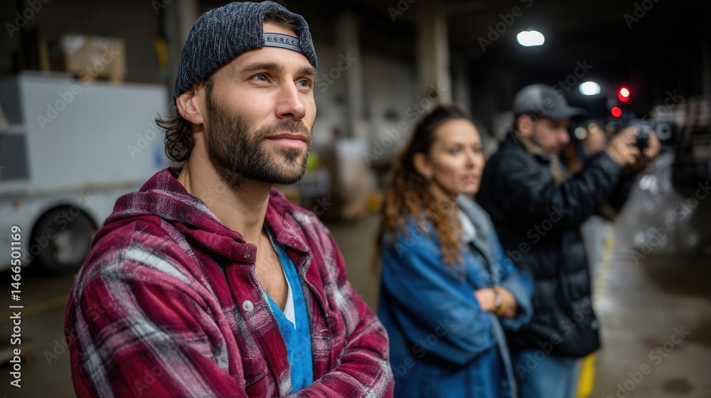 Obraz premium Group of Young Adults Watching and Filming in an Indoor Setting with Focus on a Bearded Man in a Cap
