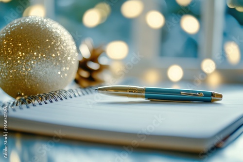 A sparkling Christmas ornament and a pen await notes on a cozy, festive table setting