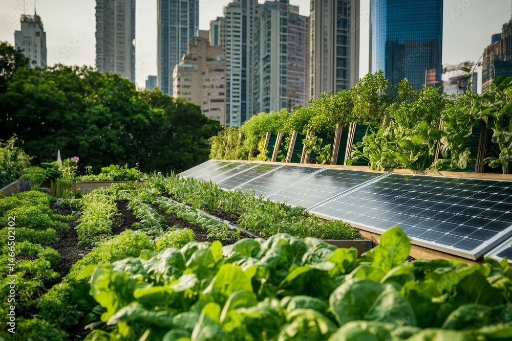 Fototapeta premium Urban rooftop garden with solar panels and lush greenery.