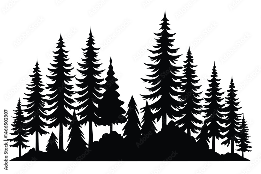 Obraz premium Black silhouette showcases tall fir trees densely clustered in forest setting against white backdrop