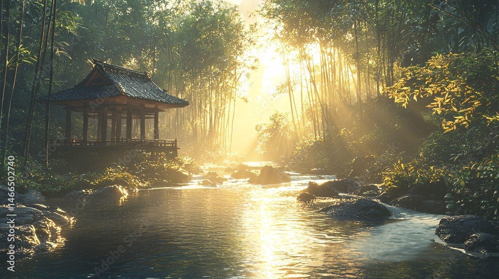 Fototapeta premium The tranquil scene of a Japanese-style hut in the forest