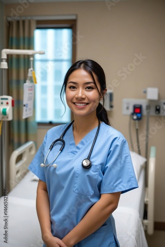 Cheerful Asian Woman CNA in Medical Scrubs Posing in Healthcare Setting with Patient Care Equipment