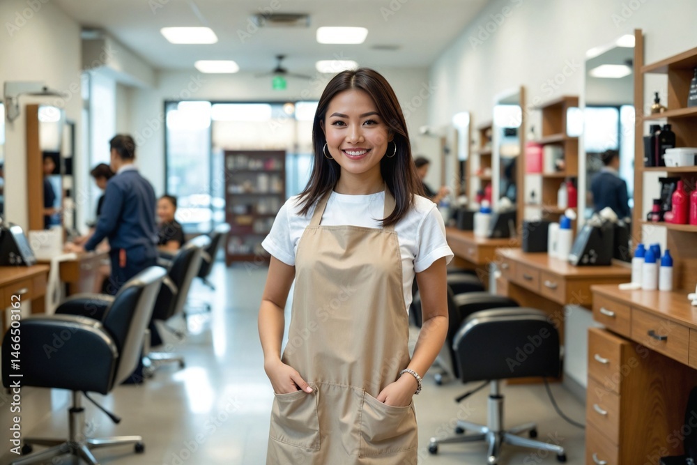 Fototapeta premium Asian Woman Hairdresser Smiling in Stylist's Apron Standing By Client Chair in Hair Salon