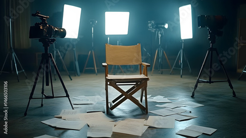 Director’s chair on a film set, surrounded by script pages scattered on the ground, light stands and cameras in the background
