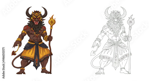 Mythical Creature: The image showcases a striking mythological creature holding a staff in a vibrant, artistic style, perfect for fantasy themes.