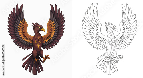 Mythical Phoenix with Color and Line Art: An iconic illustration depicting a mythical phoenix in full flight with spread wings.