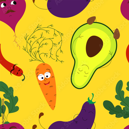 Cute Cartoon Vegetable Characters Seamless Pattern