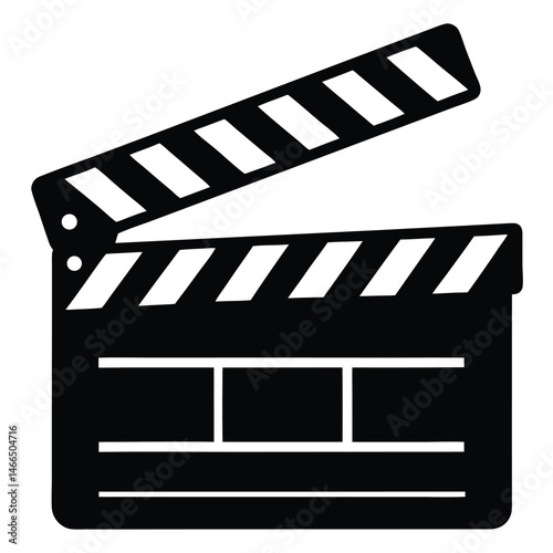 The black clapperboard with white stripes shows classic filmmaking equipment in a simple monochrome
