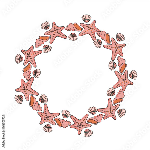 Round frame with an ornament made from sea shells. Wall wreath for interior design with a nautical theme. Vector cartoon close-up illustration.