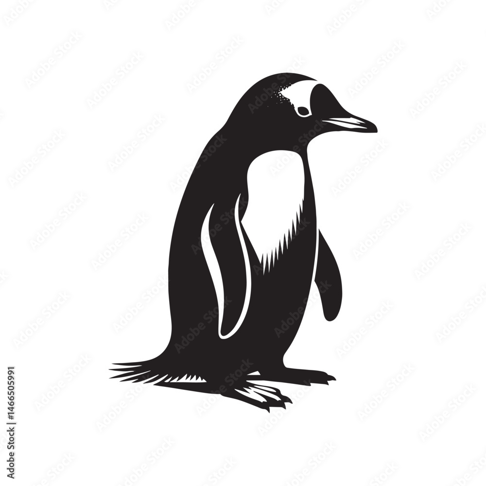 Naklejka premium Gentoo Penguin Vector Silhouette, Elegant Wildlife Illustration, Minimalist Animal Design, Black and White Penguin Outline, Nature Art.
