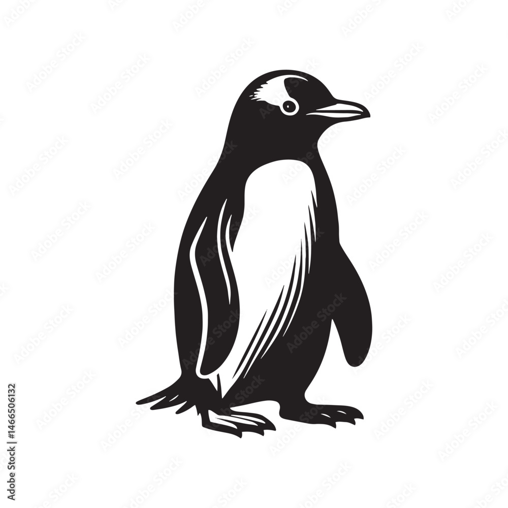 Naklejka premium Gentoo Penguin Vector Silhouette, Elegant Wildlife Illustration, Minimalist Animal Design, Black and White Penguin Outline, Nature Art.