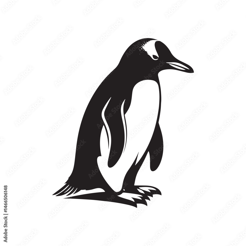 Naklejka premium Gentoo Penguin Vector Silhouette, Elegant Wildlife Illustration, Minimalist Animal Design, Black and White Penguin Outline, Nature Art.