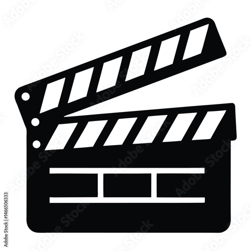 The black cinema clapperboard features white stripes and hinges, displayed against a clear backdrop