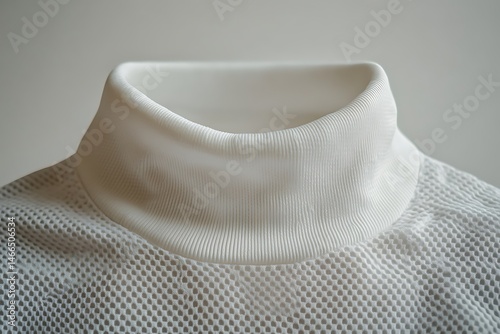 Close-up of a crisp white, high-necked shirt with a fine mesh design against a bright, neutral backdrop