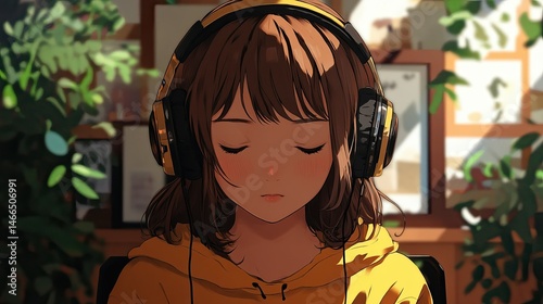 An anime girl wearing headphones, enjoying lofi music. 