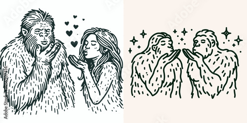 Bigfoot Couple Blowing kisses to each other. Cowboy Sasquatch hairy mythical creature Clipart line art vector illustration. hominid duo sending affectionate gesture cryptid love legend.