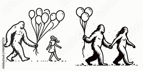 Bigfoot Couple Holding balloons or releasing them together. Cowboy Sasquatch hairy mythical creature Clipart line art vector illustration. pair grasping buoyant sphere freeing them.