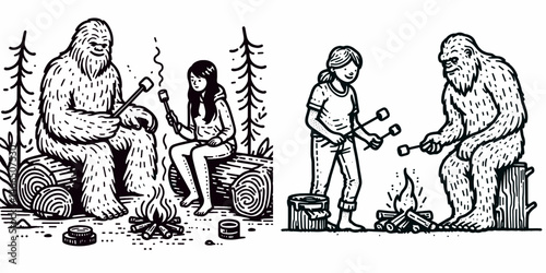 Bigfoot Couple roasting marshmallows. Cowboy Sasquatch hairy mythical creature Clipart line art vector illustration. duo toasting a confection on woodland campfire cryptic humanoid folklore.
