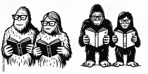 Bigfoot Couple wear glasses reading. Cowboy Sasquatch hairy mythical creature Clipart line art vector illustration. hominid pair dons spectacles enjoying literature a cryptozoology concept.