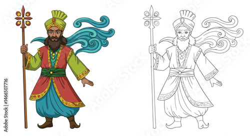 Mystical Figure with Staff: An illustration of a regal figure holding a ceremonial staff, rendered in a detailed style with vibrant colors. Evoking a sense of mysticism and cultural heritage.