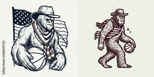 bigfoot with cowboy hat and american flag overlay scarf Basketball. Sasquatch hairy mythical creature Clipart line art vector illustration. Legendary primate in western headwear patriotic.