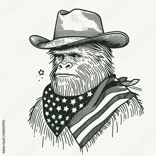 bigfoot with cowboy hat and american flag overlay scarf Chef. Sasquatch hairy mythical creature Clipart line art vector illustration. Legendary cook in stetson usa banner draped on neck.