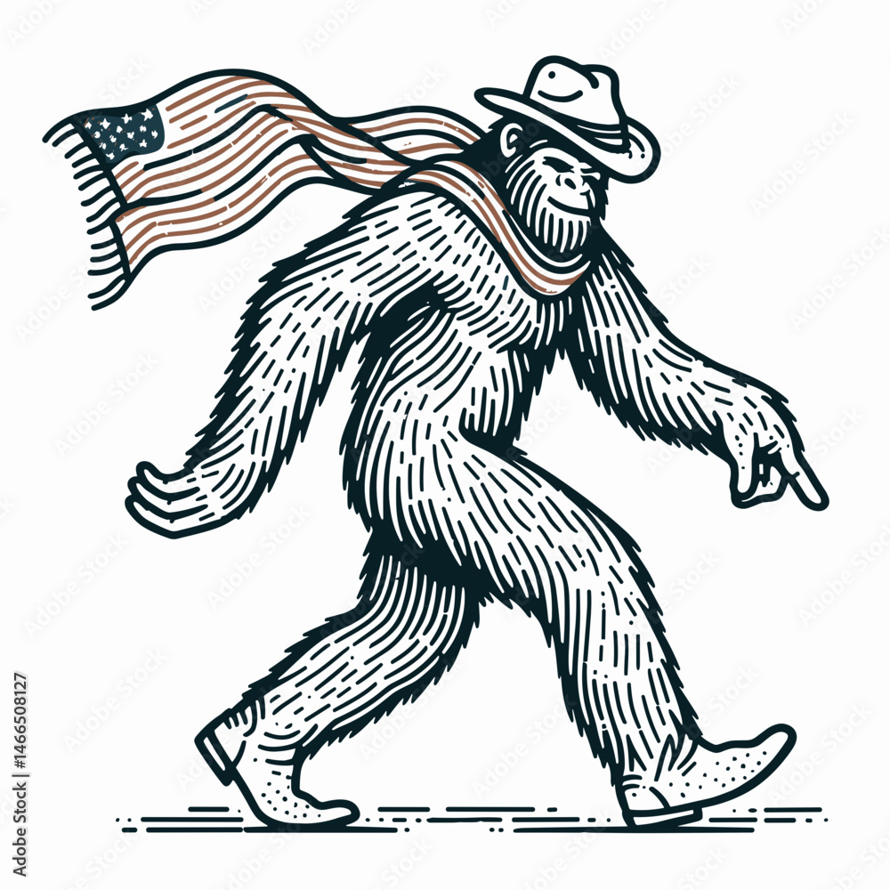Fototapeta premium bigfoot with cowboy hat and american flag overlay scarf Dancing. Sasquatch hairy mythical creature Clipart line art vector illustration. .